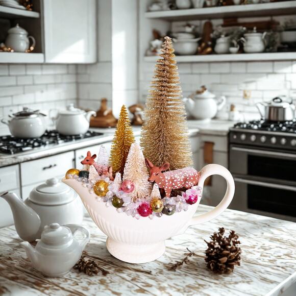 Wintery Forest with Grazing Deer Christmas Assemblage in China Gravy Boat - Picture 1 of 4